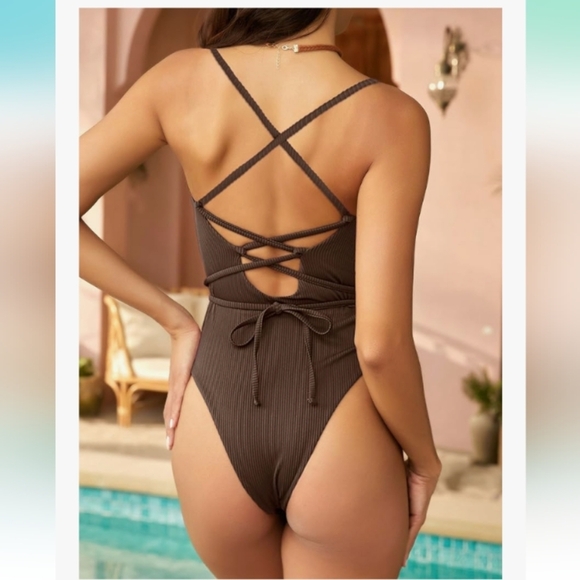 ZAFUL One Piece  Lace Up Tie Back Ribbed Fully Lined Tummy Control Scoop Padded - Picture 2 of 13